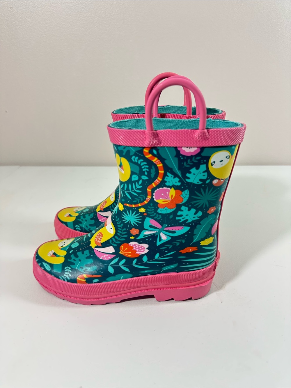 NWOB Lily & Dan Kids Rain Boots 11/12 Green Pink Sloth Print Rubber Waterproof - Picture 3 of 10